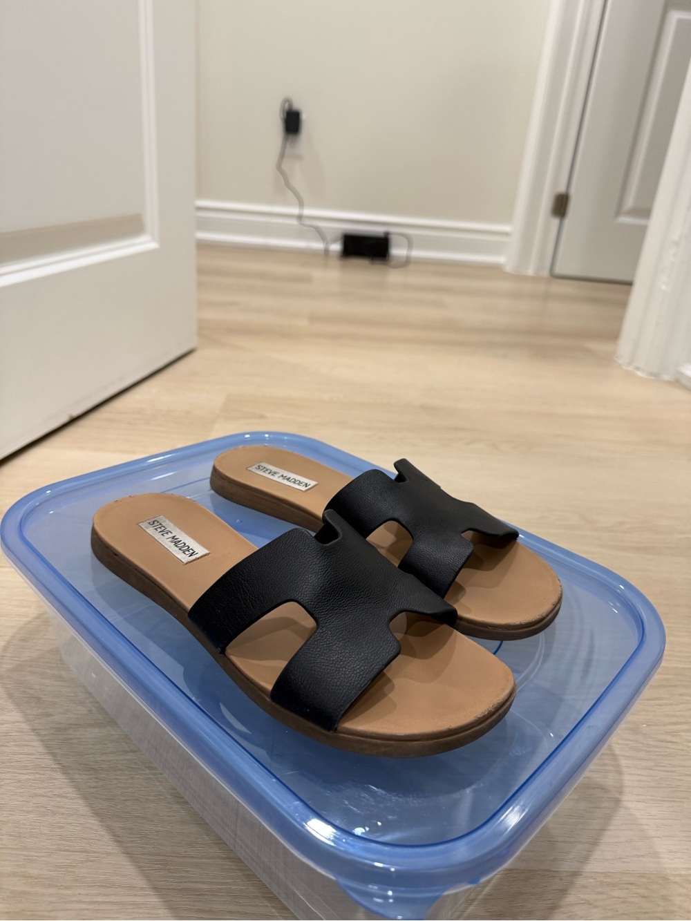 Steve Madden Black and Tan Slide Sandals for Women